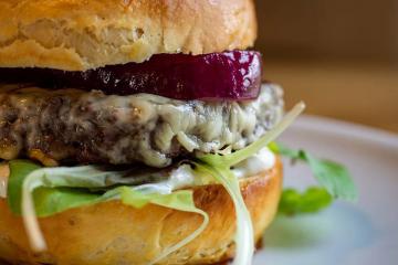 Cheesburger with lettuce and red onion on a plate.